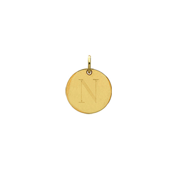 Engraved initial N disc charm in gold-fill, front view variant--N variant--Gold-fill