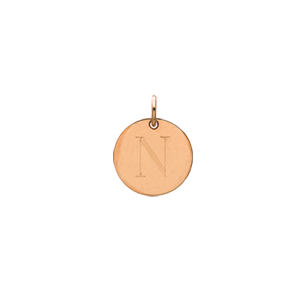 Engraved initial N disc charm in rose gold-fill, front view gold-fill variant--N variant--Rose-gold-fill