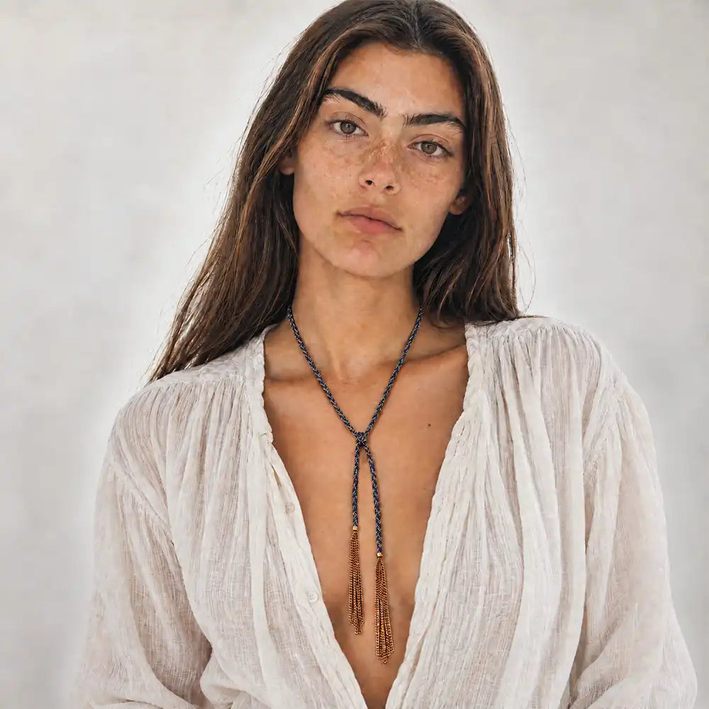 Navy braided chain and silk lariat necklace in 14K gold-fill, worn long on model