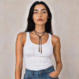Navy braided chain and silk lariat necklace in 14K gold-fill, wrapped on model