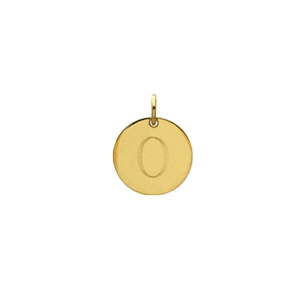 Engraved initial O disc charm in gold-fill, front view variant--O variant--Gold-fill