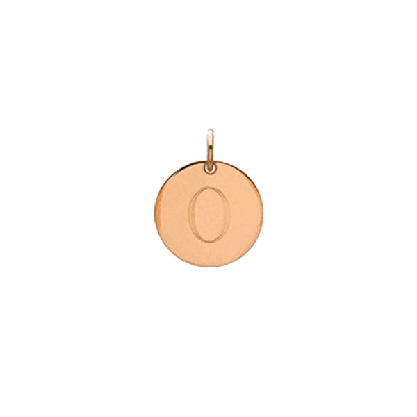 Engraved initial O disc charm in rose gold-fill, front view gold-fill variant--O variant--Rose-gold-fill