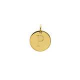 Engraved initial P disc charm in gold-fill, front view variant--P variant--Gold-fill
