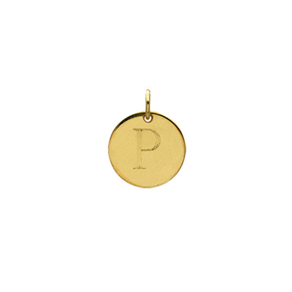 Engraved initial P disc charm in gold-fill, front view variant--P variant--Gold-fill