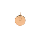 Engraved initial P disc charm in rose gold-fill, front view gold-fill variant--P variant--Rose-gold-fill