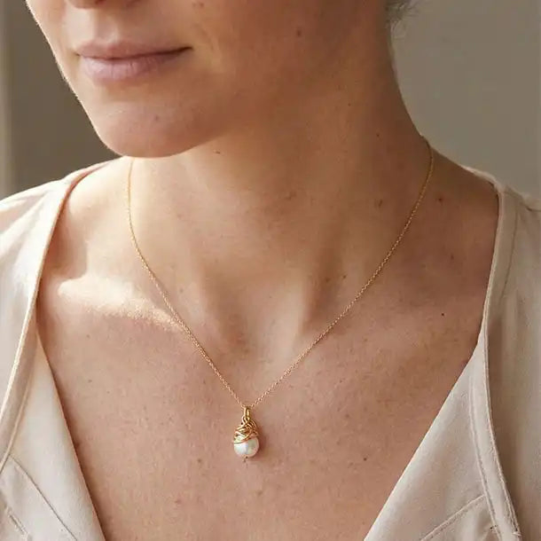 Pearl pendant Necklace shown on model  variant--Gold-fill, variant--Rose-gold-fill, variant--Sterling-silver, variant--Oxidized-sterling-silver variant--Pearl