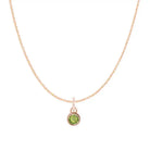 Peridot birthstone charm necklace in 14K rose gold, bezel-set pendant, product shot variant--14K-rose-gold variant--Peridot