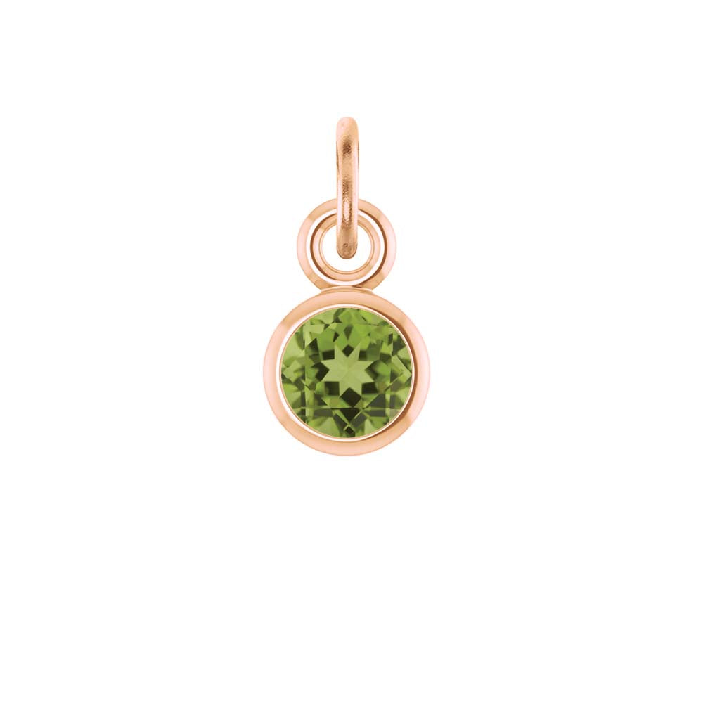 Peridot birthstone charm in 14k rose gold — vibrant green gemstone for everyday jewelry.