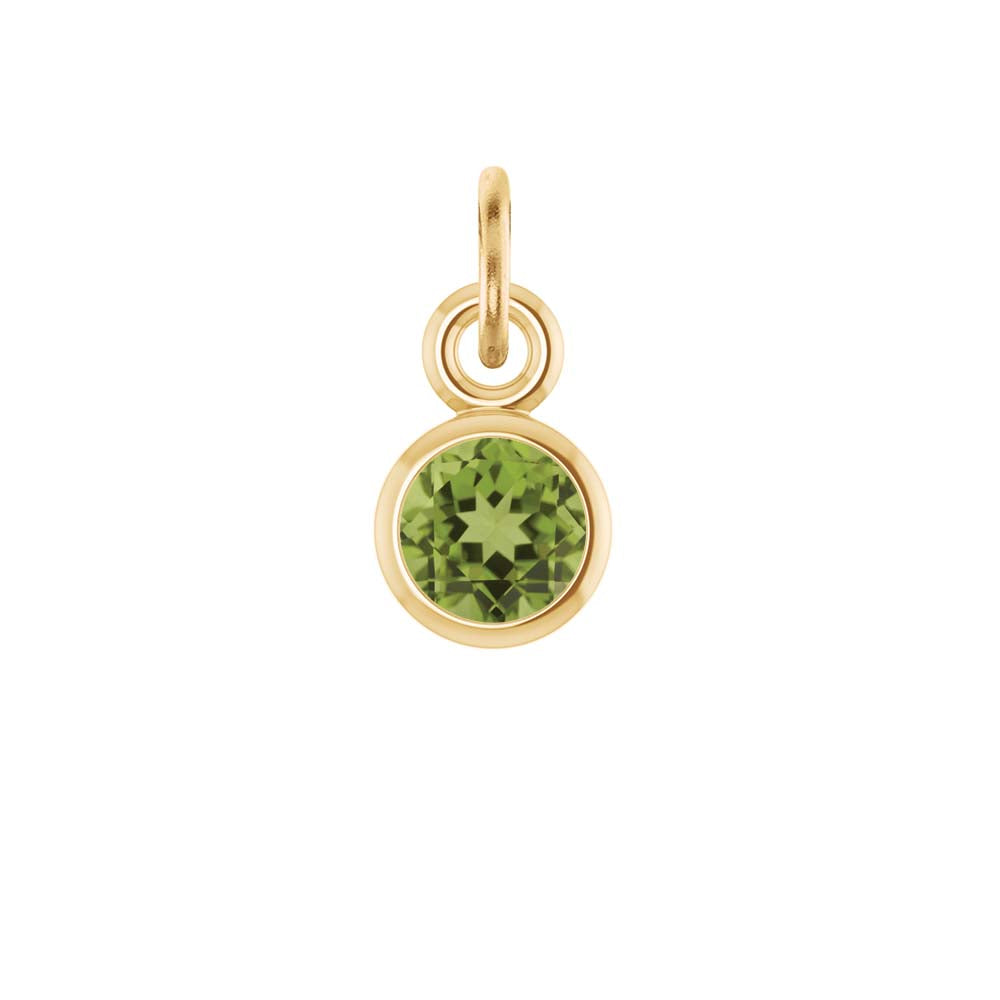 Peridot birthstone charm bezel-set in 14k yellow gold — cheerful August birthstone necklace charm.