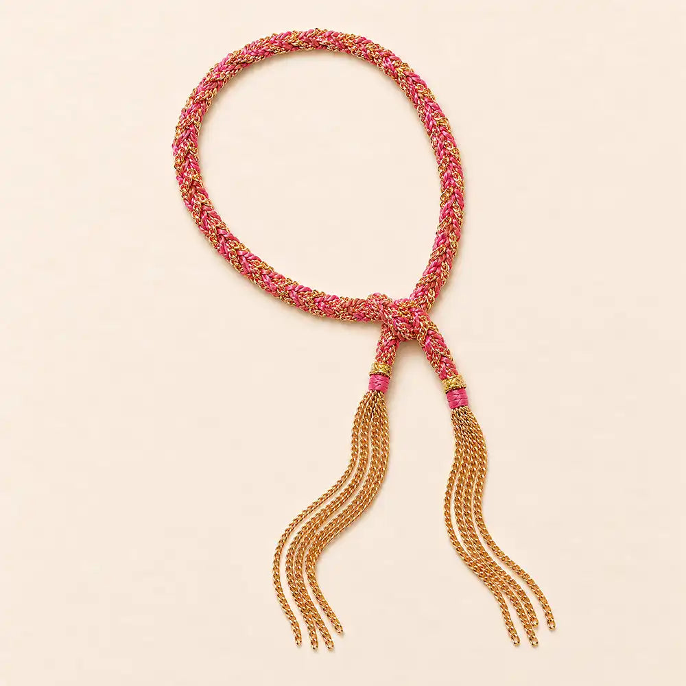 Pink braided chain and silk tassel bracelet in 14K gold-fill, flat lay