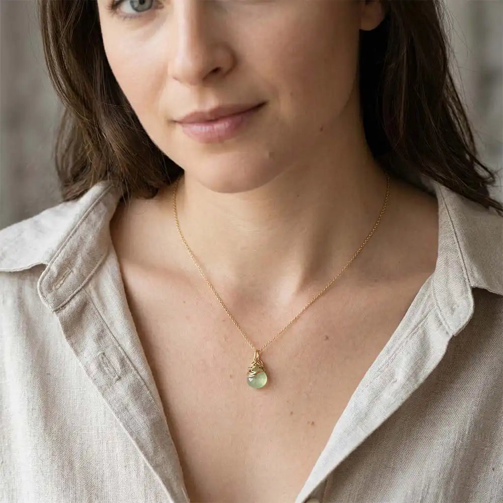 Natural prehnite pendant necklace in sterling silver, close-up of setting in gold-fill variant--Gold-fill variant--Rose-Gold-fill variant--Sterling-silver variant--Oxidized-sterling-silver variant--Prehnite