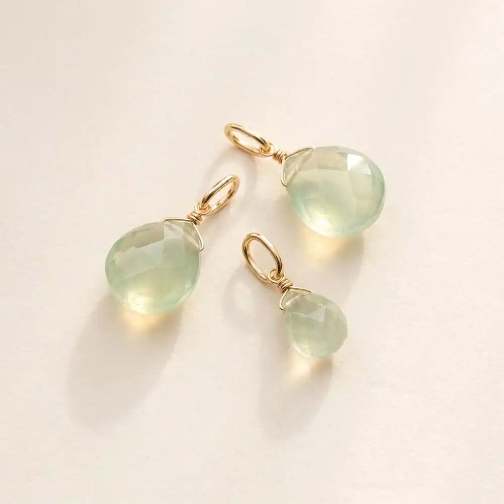 Sparkling 6mm briolette gemstone charm in prehnite, wrapped by hand in gold-fill.