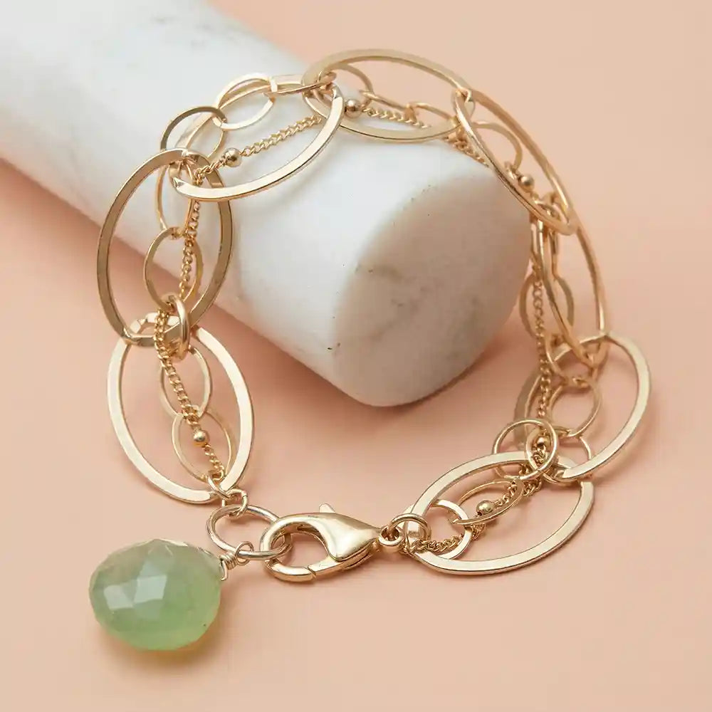 Natural prehnite woven chain bracelet in gold-fill variant--Gold-fill variant--Sterling-silver variant--Oxidized-sterling-silver variant--Prehnite