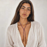 Purple braided chain and silk lariat necklace in 14K gold-fill, worn long on model