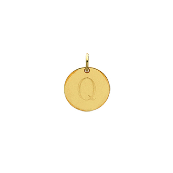 Engraved initial Q disc charm in gold-fill, front view variant--Q variant--Gold-fill