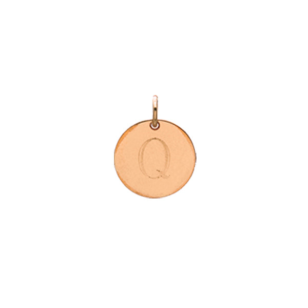 Engraved initial Q disc charm in rose gold-fill, front view gold-fill variant--Q variant--Rose-gold-fill