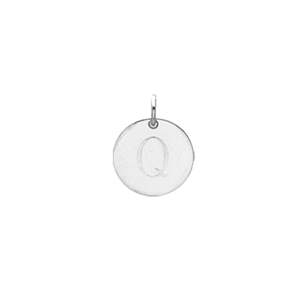 Engraved initial Q disc charm in sterling silver, front view variant--Q variant--Sterling-silver