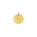 Engraved initial R disc charm in gold-fill, front view variant--R variant--Gold-fill