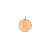 Engraved initial R disc charm in rose gold-fill, front view gold-fill variant--R variant--Rose-gold-fill