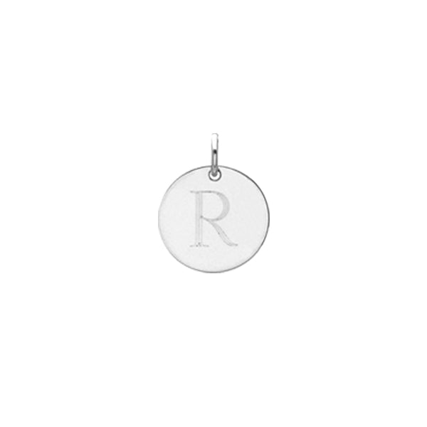 Engraved initial R disc charm in sterling silver, front view variant--R variant--Sterling-silver