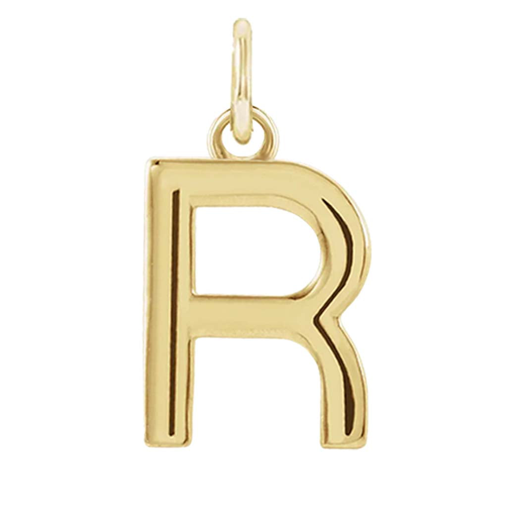 Modern initial charm letter R in 14K yellow gold variant--R variant--14K-yellow-gold