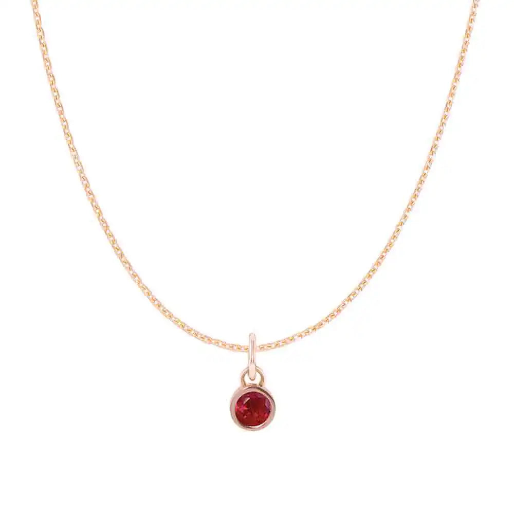 Ruby birthstone charm necklace in 14K rose gold, bezel-set pendant, product shot variant--14K-rose-gold variant--Ruby
