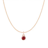 Ruby birthstone charm necklace in 14K rose gold, bezel-set pendant, product shot variant--14K-rose-gold variant--Ruby