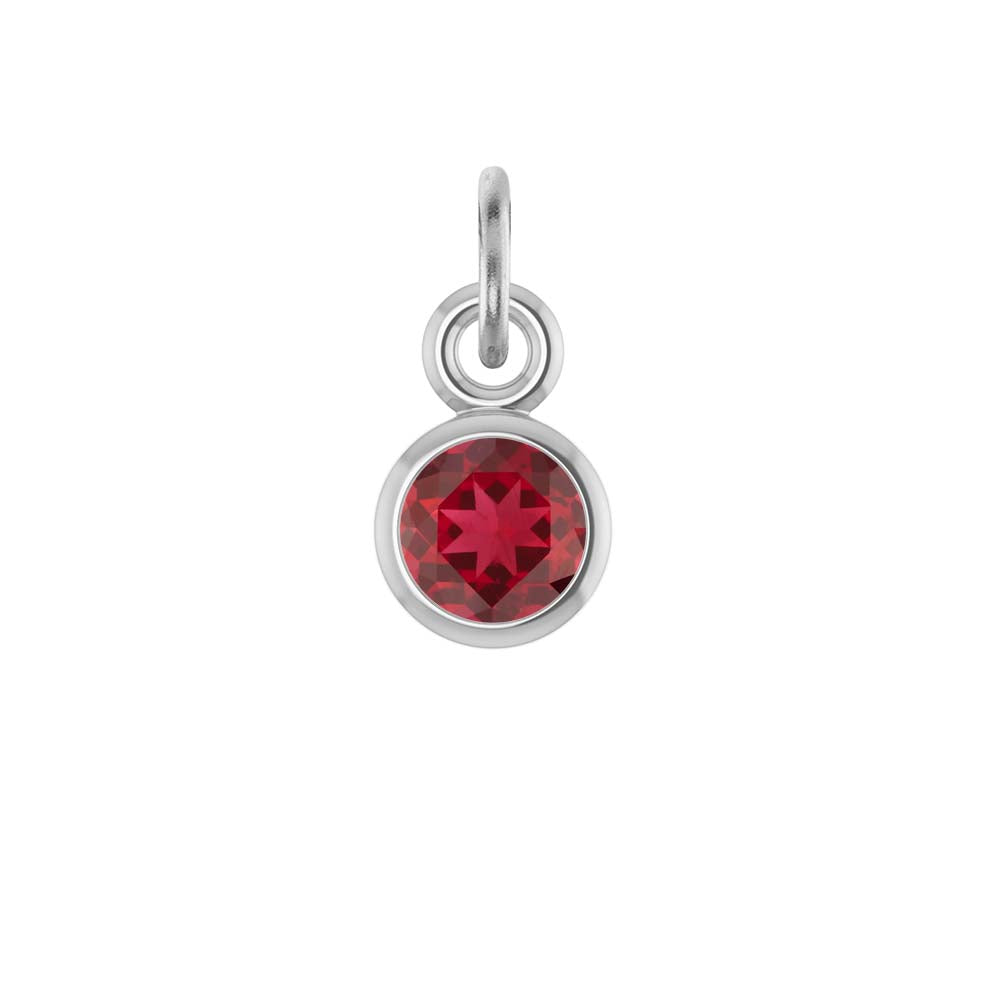 Ruby birthstone charm bezel-set in 14k white gold — bold red July gemstone necklace charm.