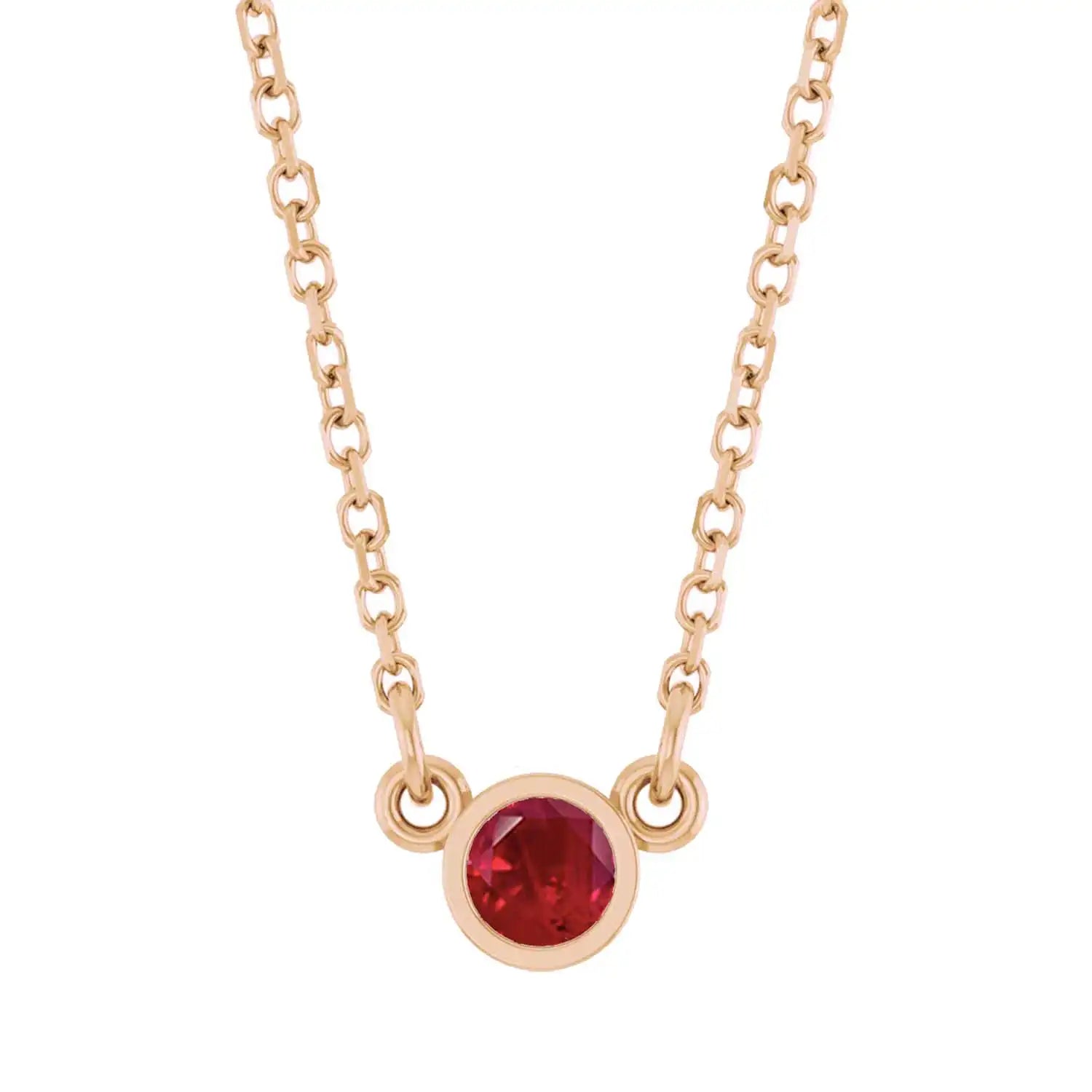 Bezel-set ruby birthstone necklace in 14K rose gold, product view