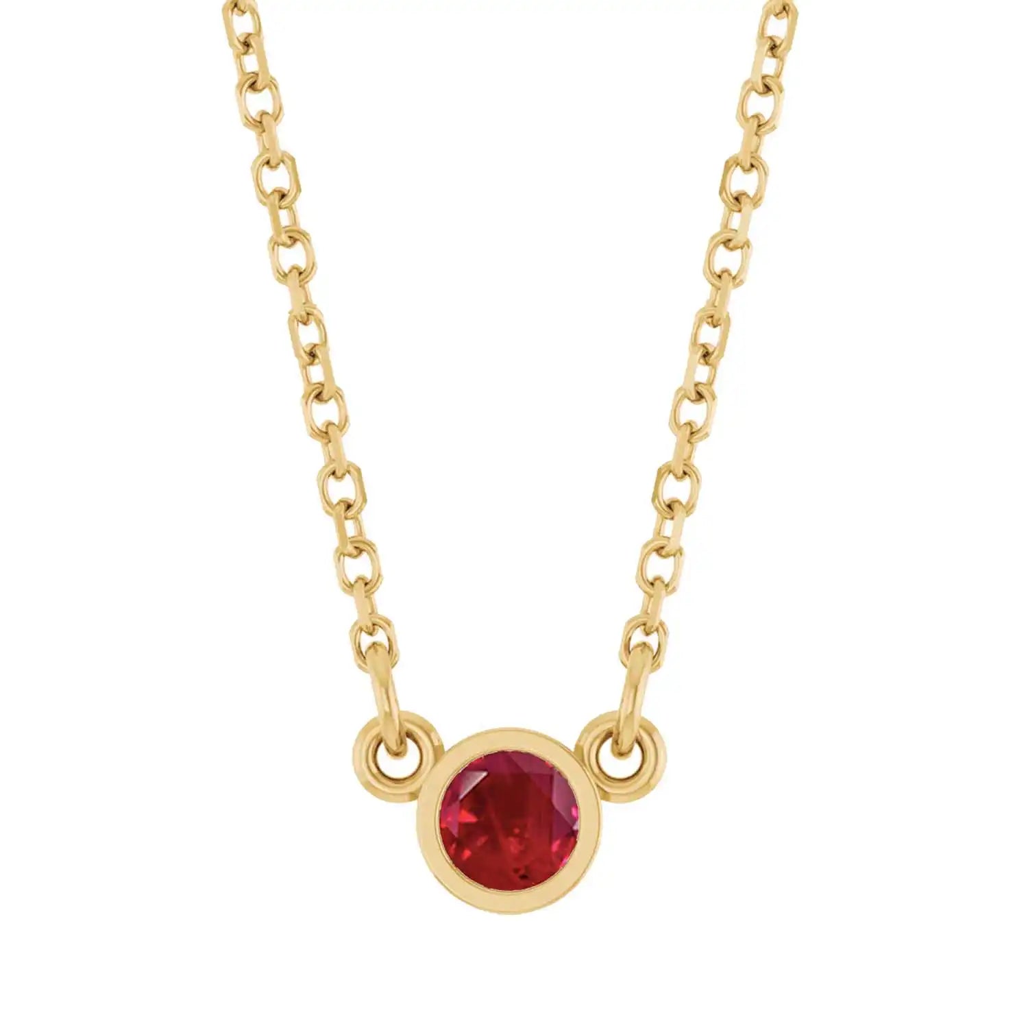 Bezel-set ruby birthstone necklace in 14K yellow gold, product view