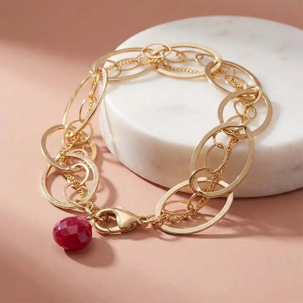 Handmade ruby bracelet with woven chain USA variant--Gold-fill variant--Sterling-silver variant--Oxidized-sterling-silver variant--Ruby