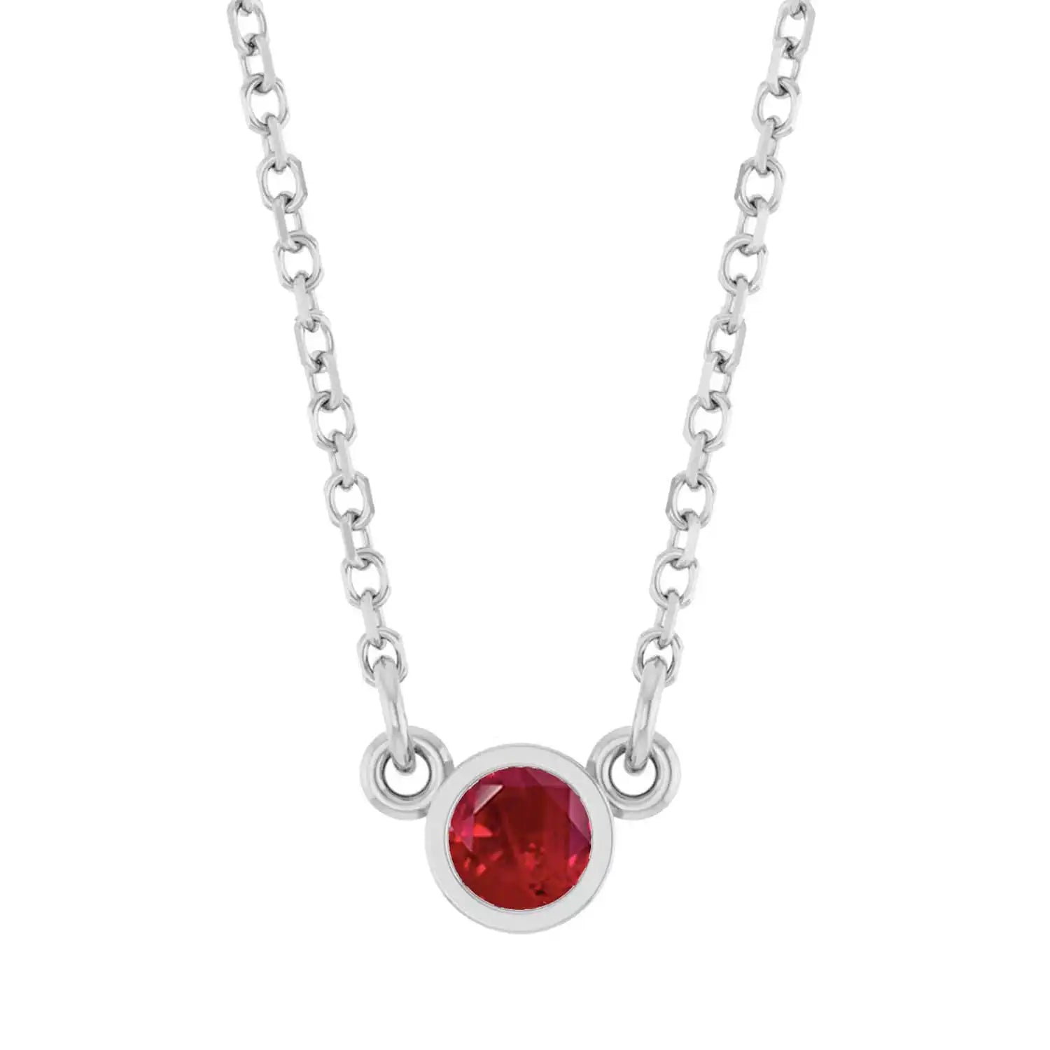 Bezel-set ruby birthstone necklace in sterling silver, product view