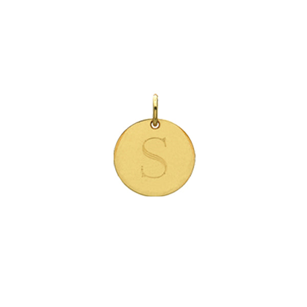 Engraved initial S disc charm in gold-fill, front view variant--S variant--Gold-fill
