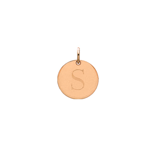 Engraved initial S disc charm in rose gold-fill, front view gold-fill variant--S variant--Rose-gold-fill