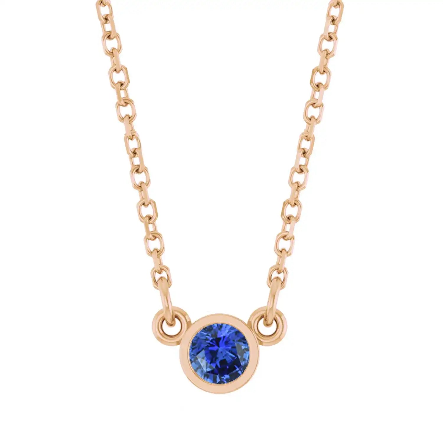 Bezel-set sapphire birthstone necklace in 14K rose gold, product view variant--14K-rose-gold variant--Sapphire