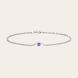 Bezel-set amethyst bracelet flatlay showing purple stone and adjustable chain silver variant--Sterling-silver variant--Amethyst