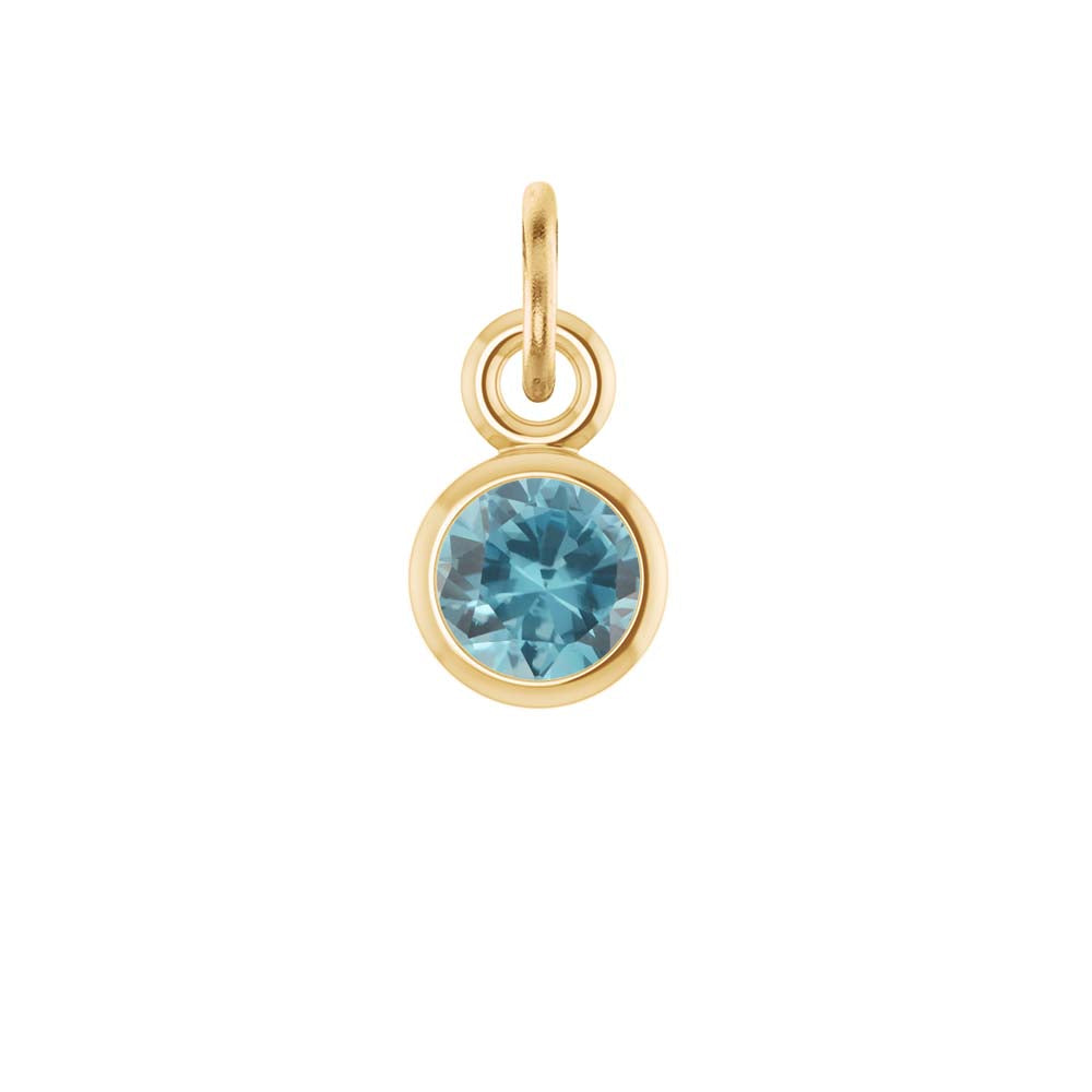 Swiss Blue Topaz birthstone charm bezel-set in 14k yellow gold — vibrant December necklace charm.
