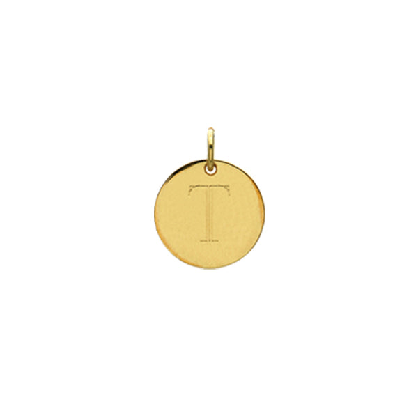 Engraved initial T disc charm in gold-fill, front view variant--T variant--Gold-fill