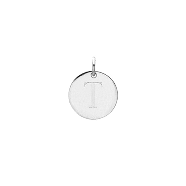 Engraved initial T disc charm in sterling silver, front view variant--T variant--Sterling-silver