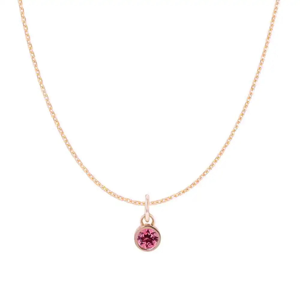 Tourmaline birthstone charm necklace in 14K rose gold, bezel-set pendant, product shot variant--14K-rose-gold variant--Tourmaline