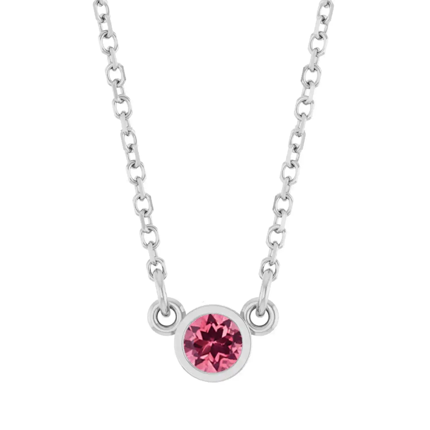 Bezel-set pink tourmaline birthstone necklace in 14K white gold, pendant detail variant--14K-white-gold variant--Tourmaline