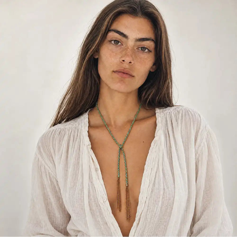 Turquoise braided chain and silk lariat necklace in 14K gold-fill, worn long on model