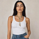 Turquoise braided chain and silk lariat necklace in 14K gold-fill, wrapped on model