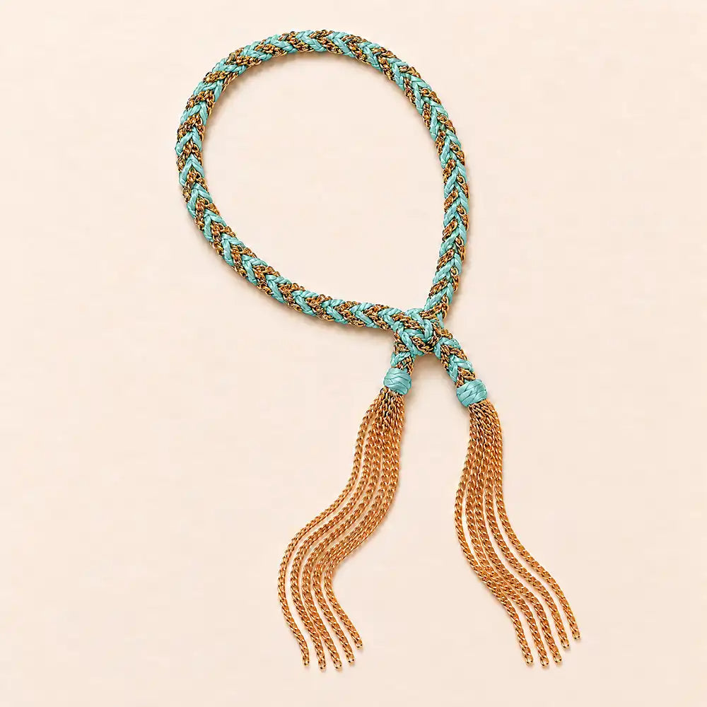 Turquoise braided chain and silk tassel bracelet in 14K gold-fill, flat lay