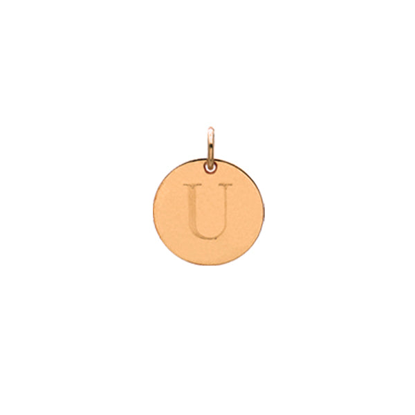 Engraved initial U disc charm in rose gold-fill, front view gold-fill variant--U variant--Rose-gold-fill