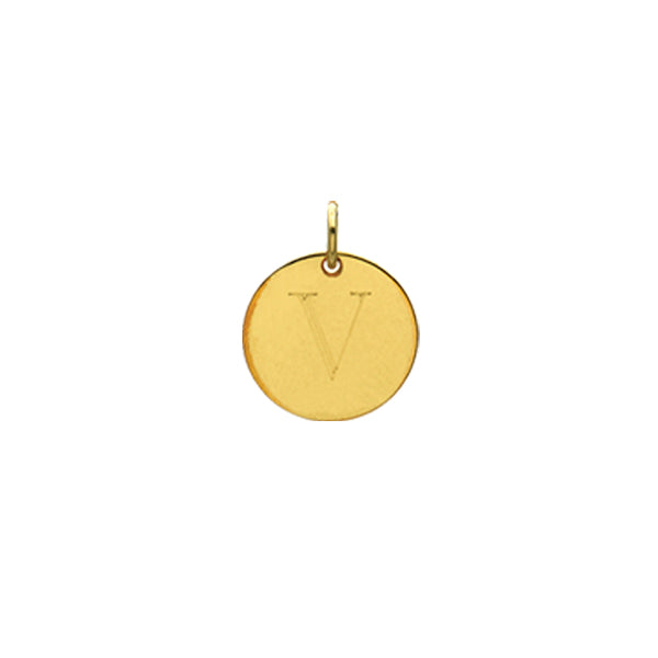 Engraved initial V disc charm in gold-fill, front view variant--V variant--Gold-fill