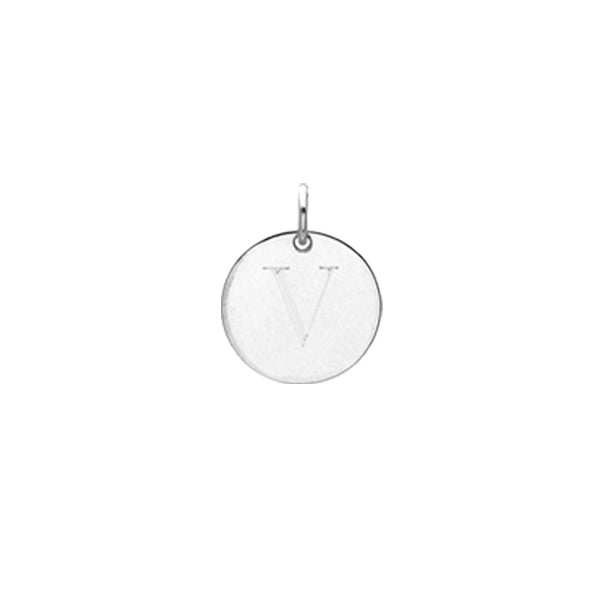 Engraved initial V disc charm in sterling silver, front view variant--V variant--Sterling-silver