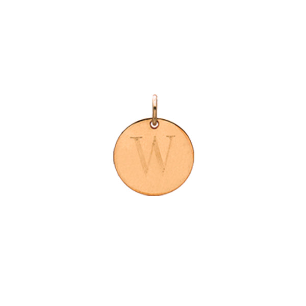Engraved initial W disc charm in rose gold-fill, front view gold-fill variant--W variant--Rose-gold-fill