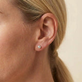 White sapphire birthstone stud earrings on model, clear brilliant studs at ear