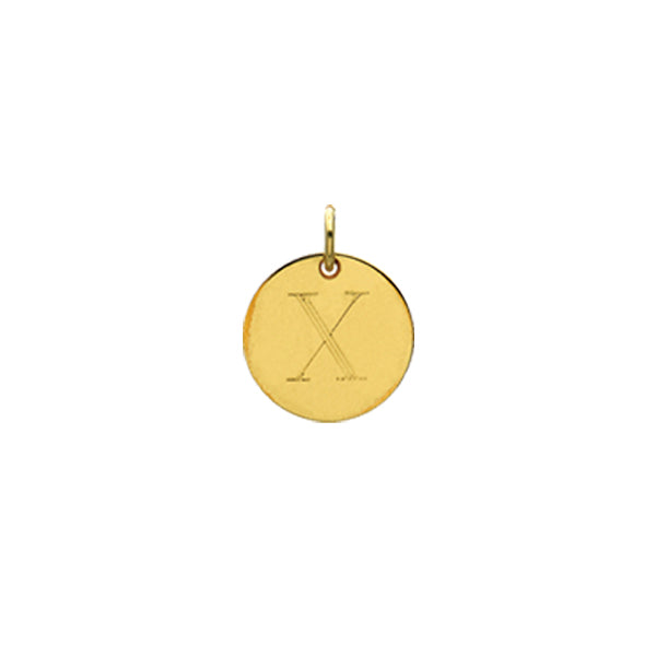 Engraved initial X disc charm in gold-fill, front view variant--X variant--Gold-fill